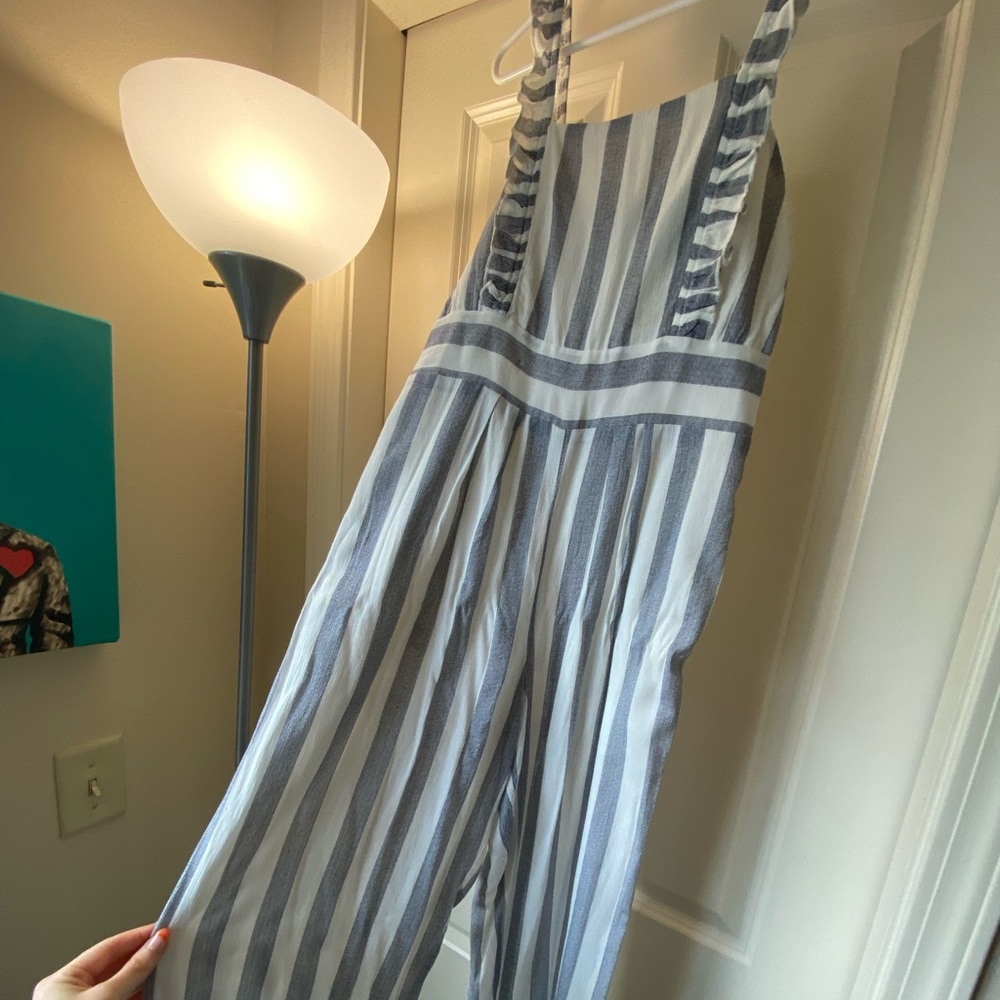 Blue and white stripe jumpsuit.